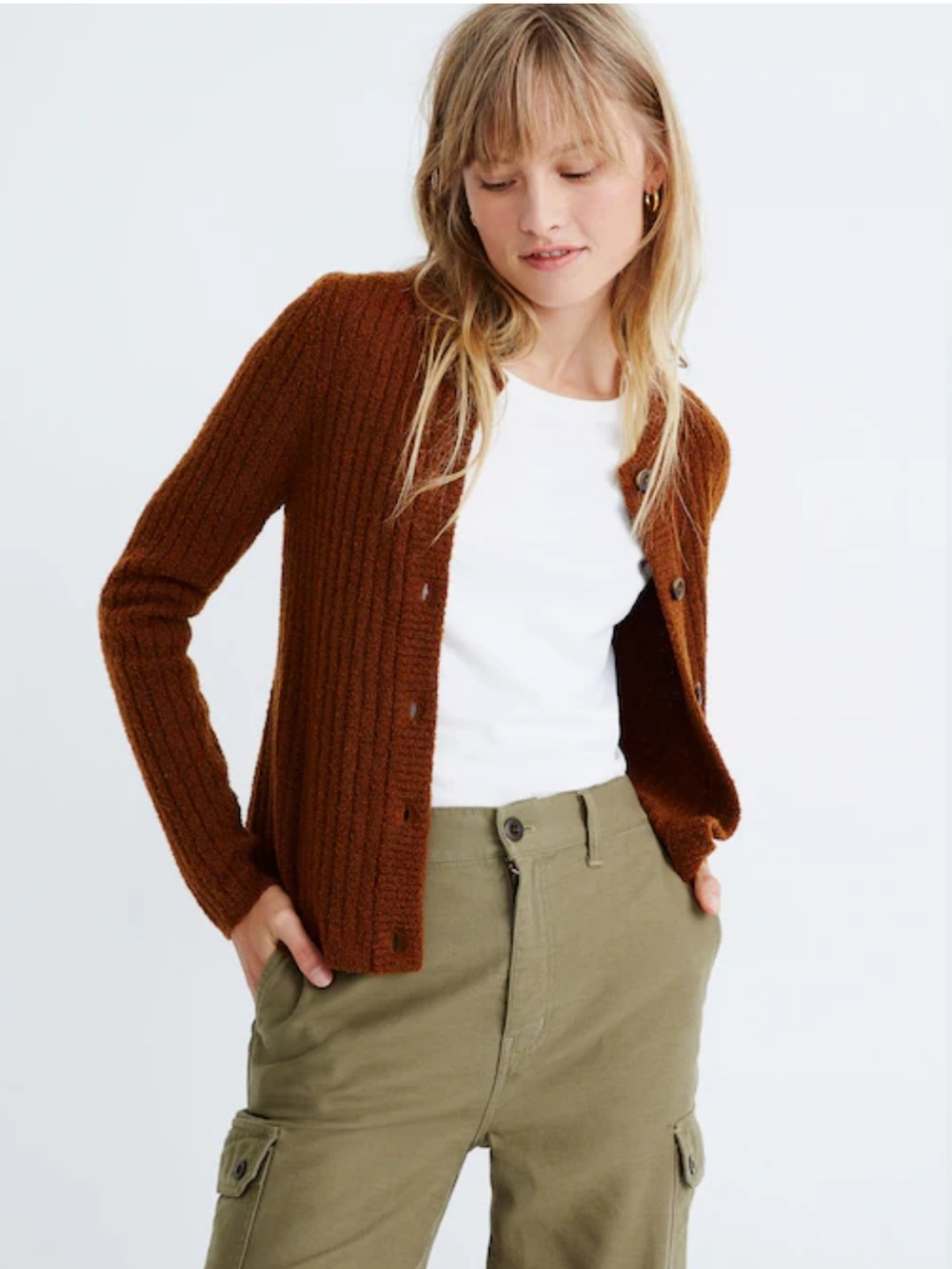 Madewell Women's‎ Merritt Shrunken Cardigan Sweater Button Ribbed Marled Maple